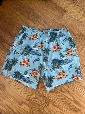 AFTCO Light Blue Hawaiian Floral & Palm Swim Trunks